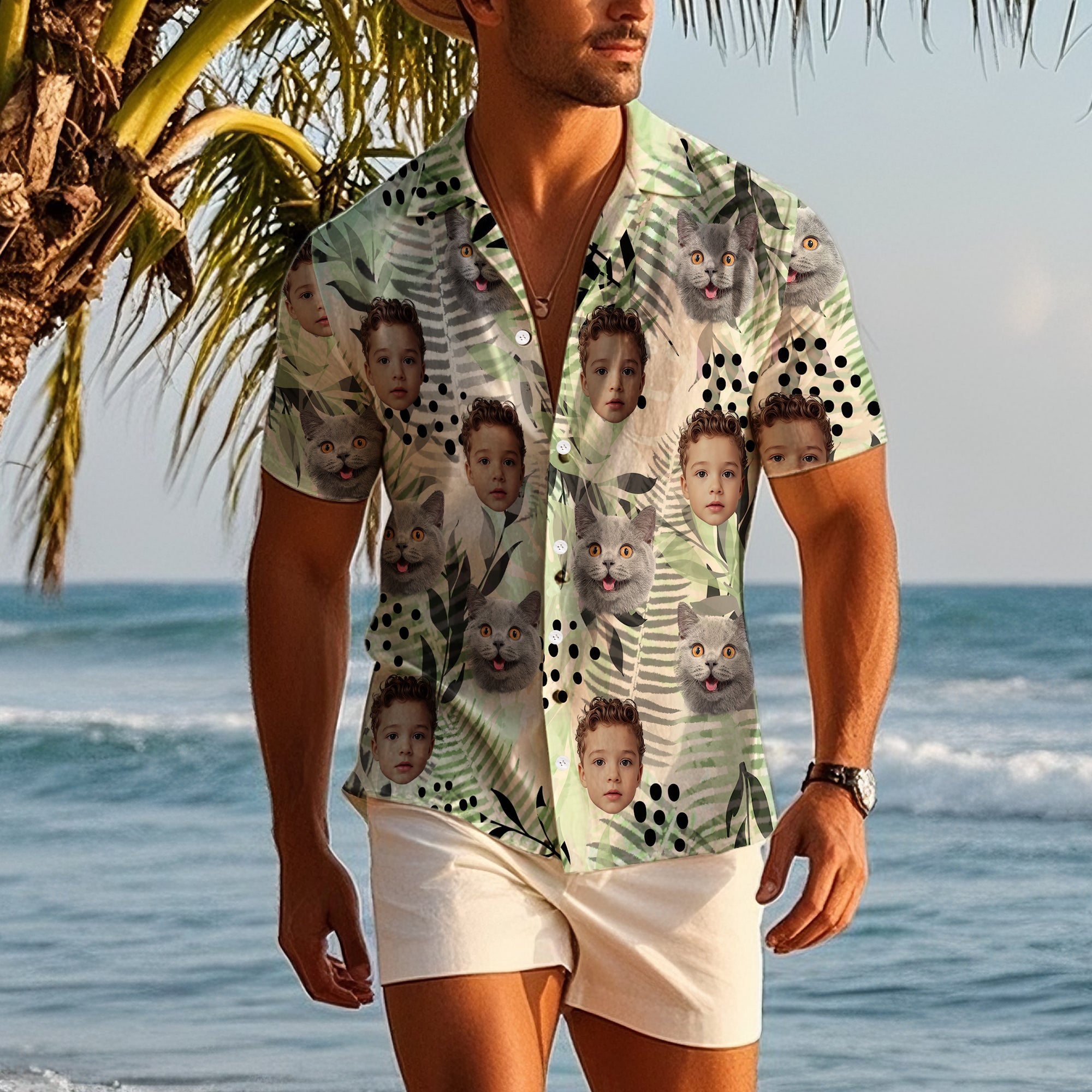 Camisa hawaiana de manga corta personalizada con fotos de cara de 1 a 2 diseño de palmas tropicales regalo divertido de cumpleaños para hombre