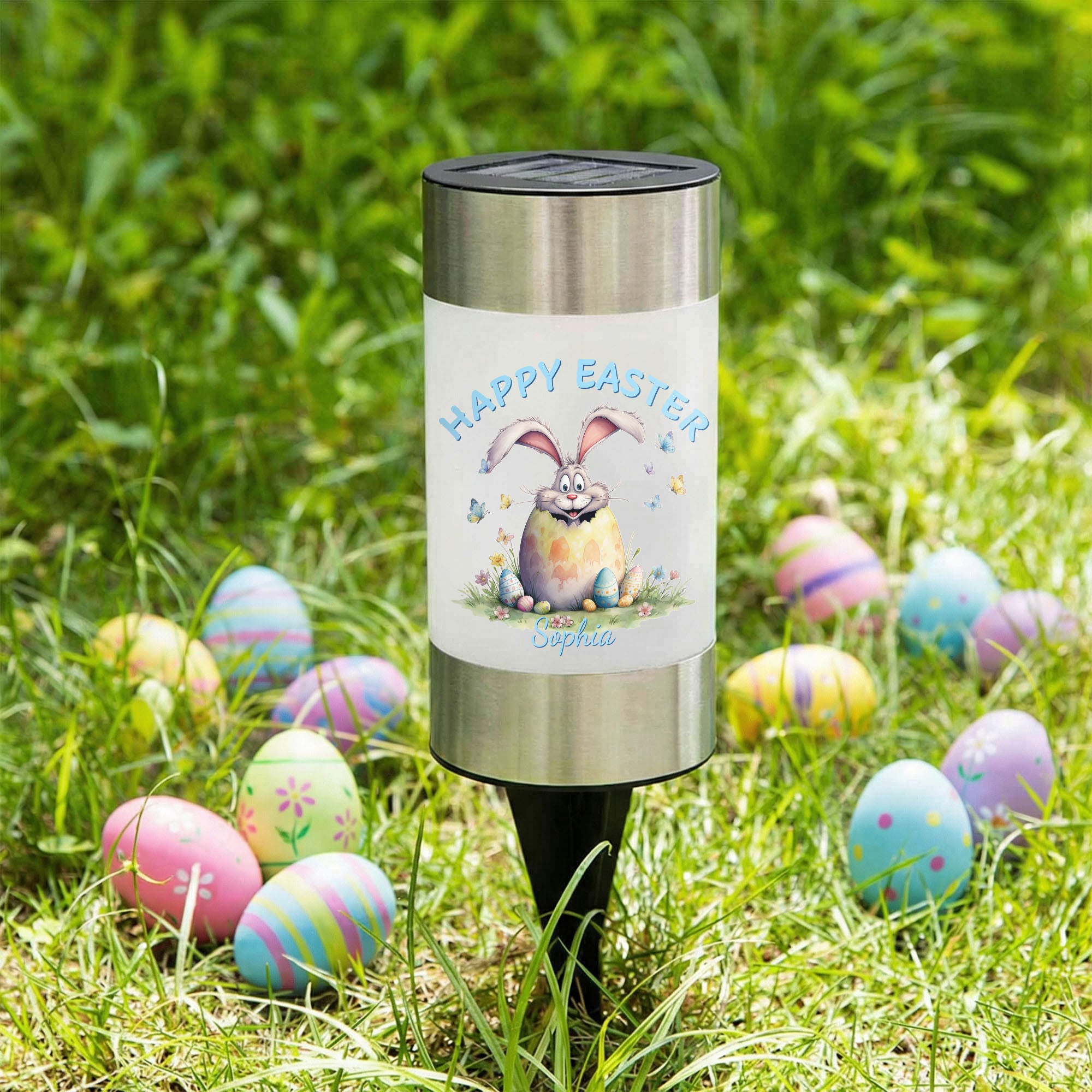 Lámpara solar de jardín personalizada Happy Easter Cute Rabbit Waterproof con nombre Decoración de jardín Uso diario Fiesta de Pascua Regalo para la familia Niños