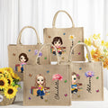 Personalizado lindo personaje de dibujos animados Bolsa de yute con la flor de nacimiento y el nombre Día de la Madre Navidad Cumpleaños Regalo para Amigos Familia