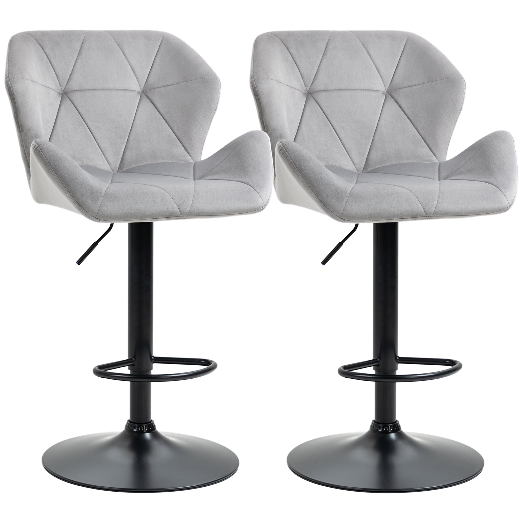 Bar Stools Set of 2, Luxury Velvet-feel Swivel Stools w/ Triangle Indenting Moulded Seat, Grey