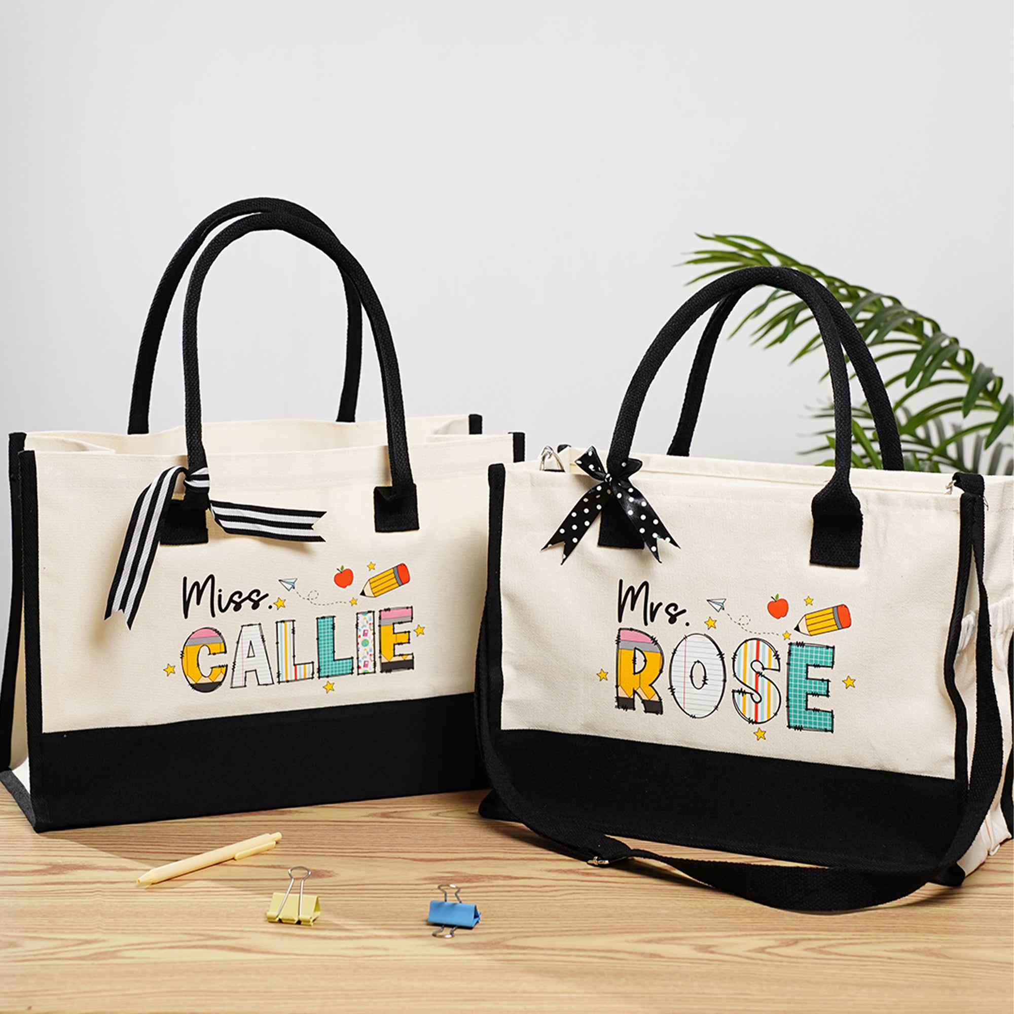 Personalizada Multicolor Doodle Texto Bolsa de lona grande con correa para el hombro Cumpleaños Día del Maestro Regreso a la Escuela Apreciación Regalo para Profesores