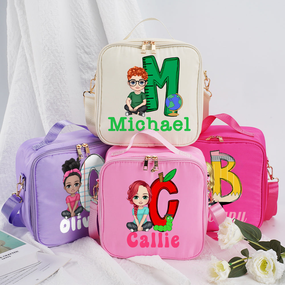 Bolsa de almuerzo aislante personalizada con el nombre del personaje de dibujos animados Apple Pencil Initial Back to School Picnic Birthday Gift for Kids