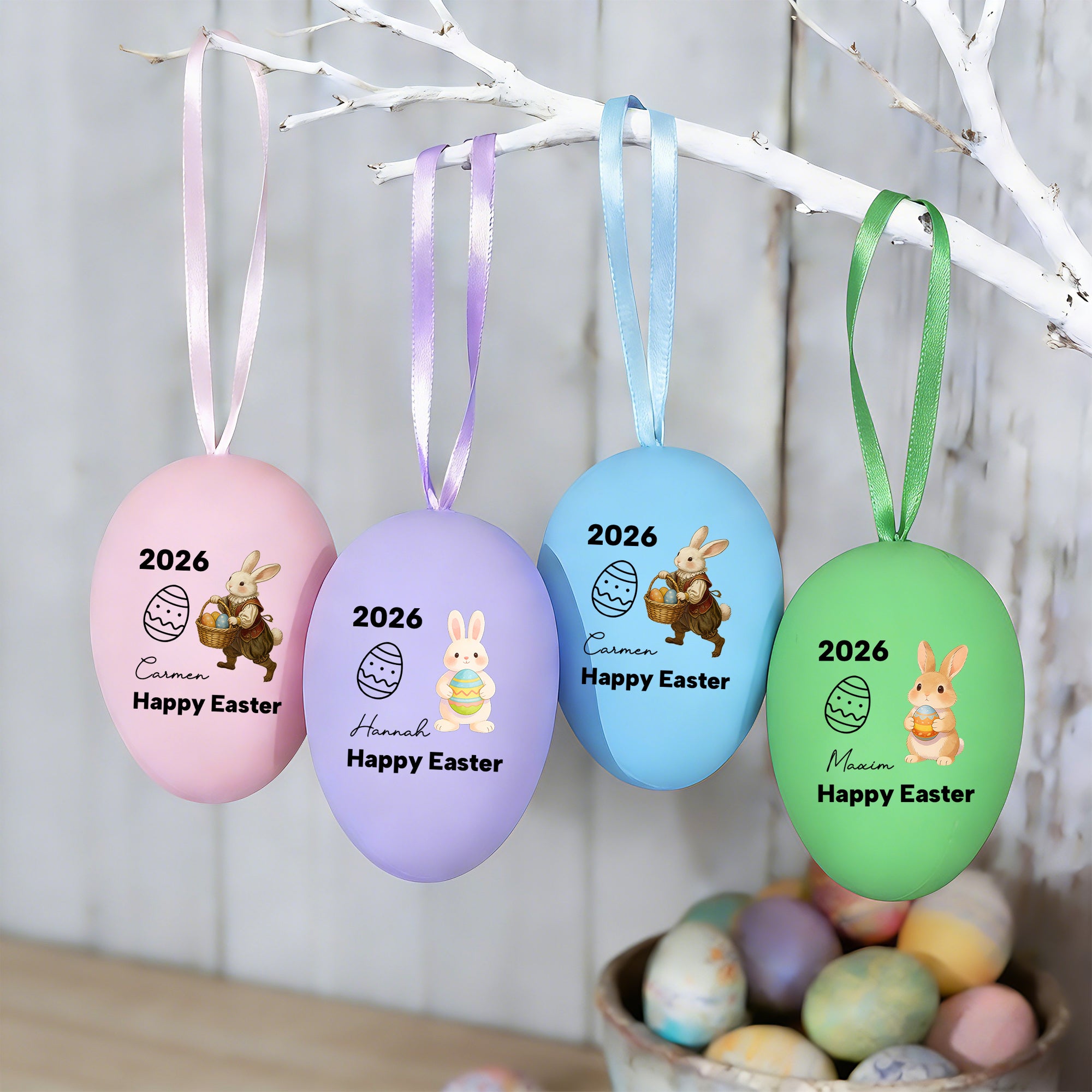 Personalizado lindo conejito pollito multicolor plástico colgante Pascua huevo adornos con nombre paquete de 12 piezas casa exterior decoración Pascua regalo para niños familia