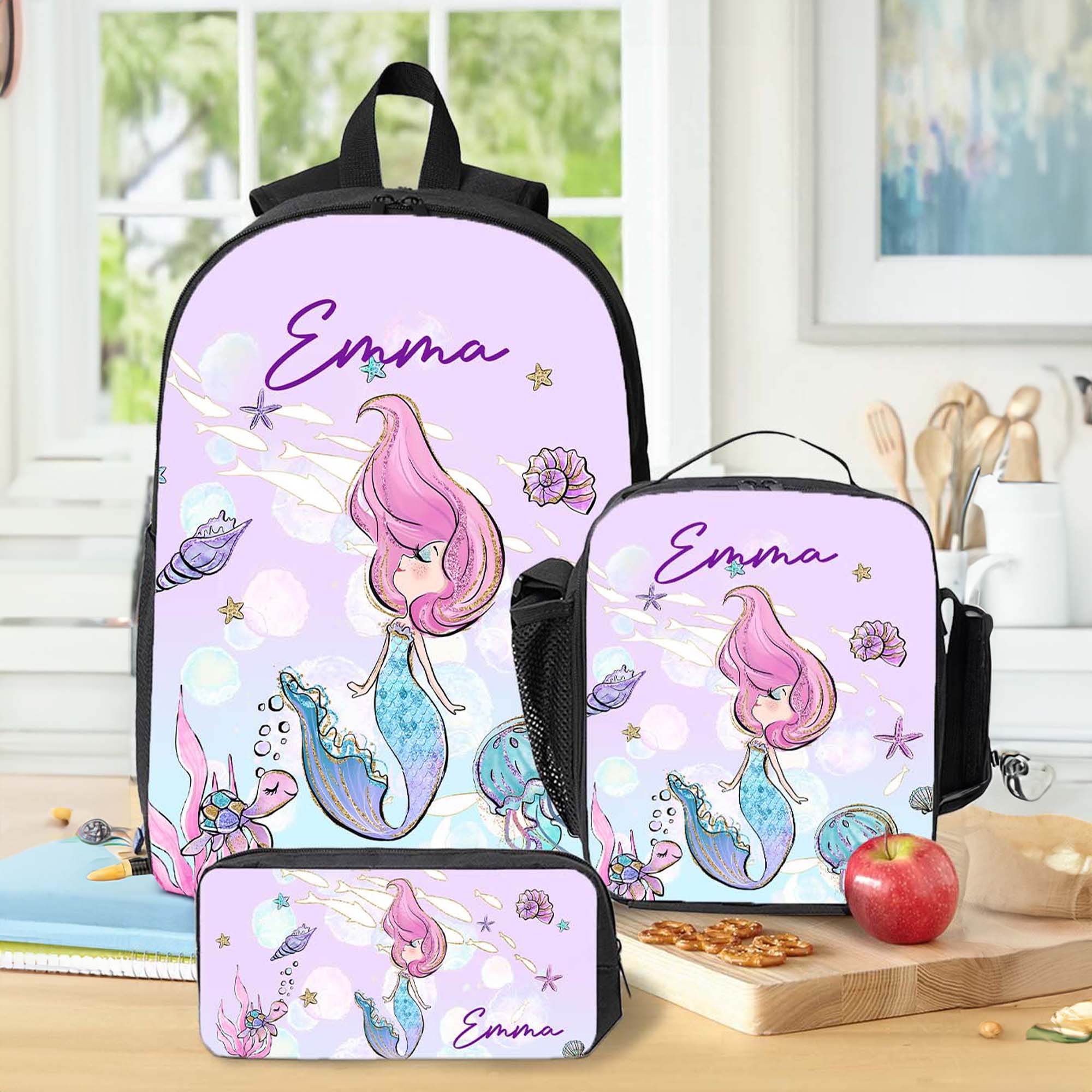 Mochila personalizada de sirena de dibujos animados Luch Bolsa Estuche con nombre Regalo de cumpleaños de vuelta al cole para niñas