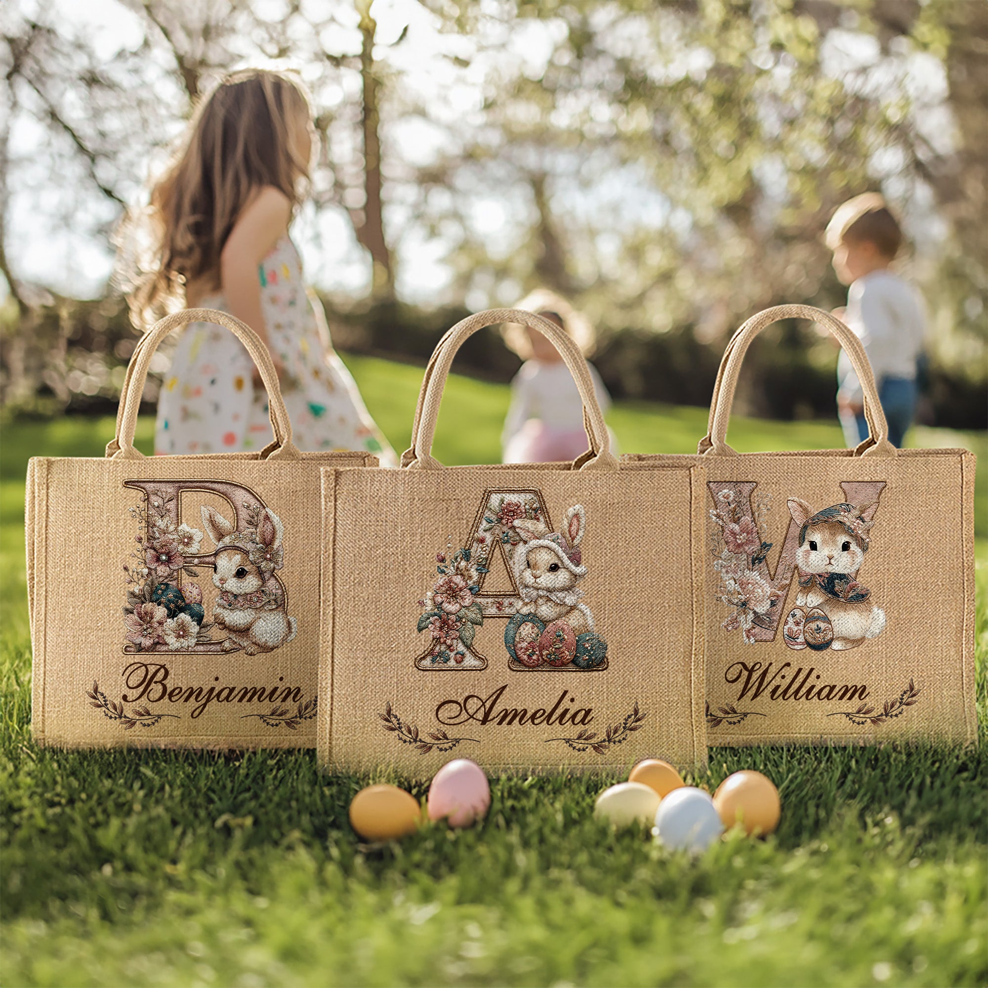 Conejito de Pascua personalizado Bordado floral Bolsa de yute de gran capacidad con nombre e inicial Huevos de caza Regalo de Pascua para niños