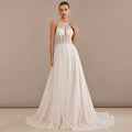 Bridal Wedding Dress Ivory-Nude Sleeveless Long Halter A-line Lace