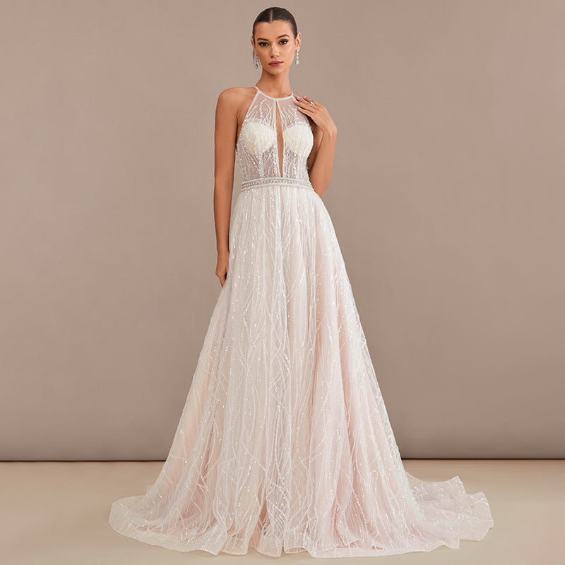 Bridal Wedding Dress Ivory-Nude Sleeveless Long Halter A-line Lace