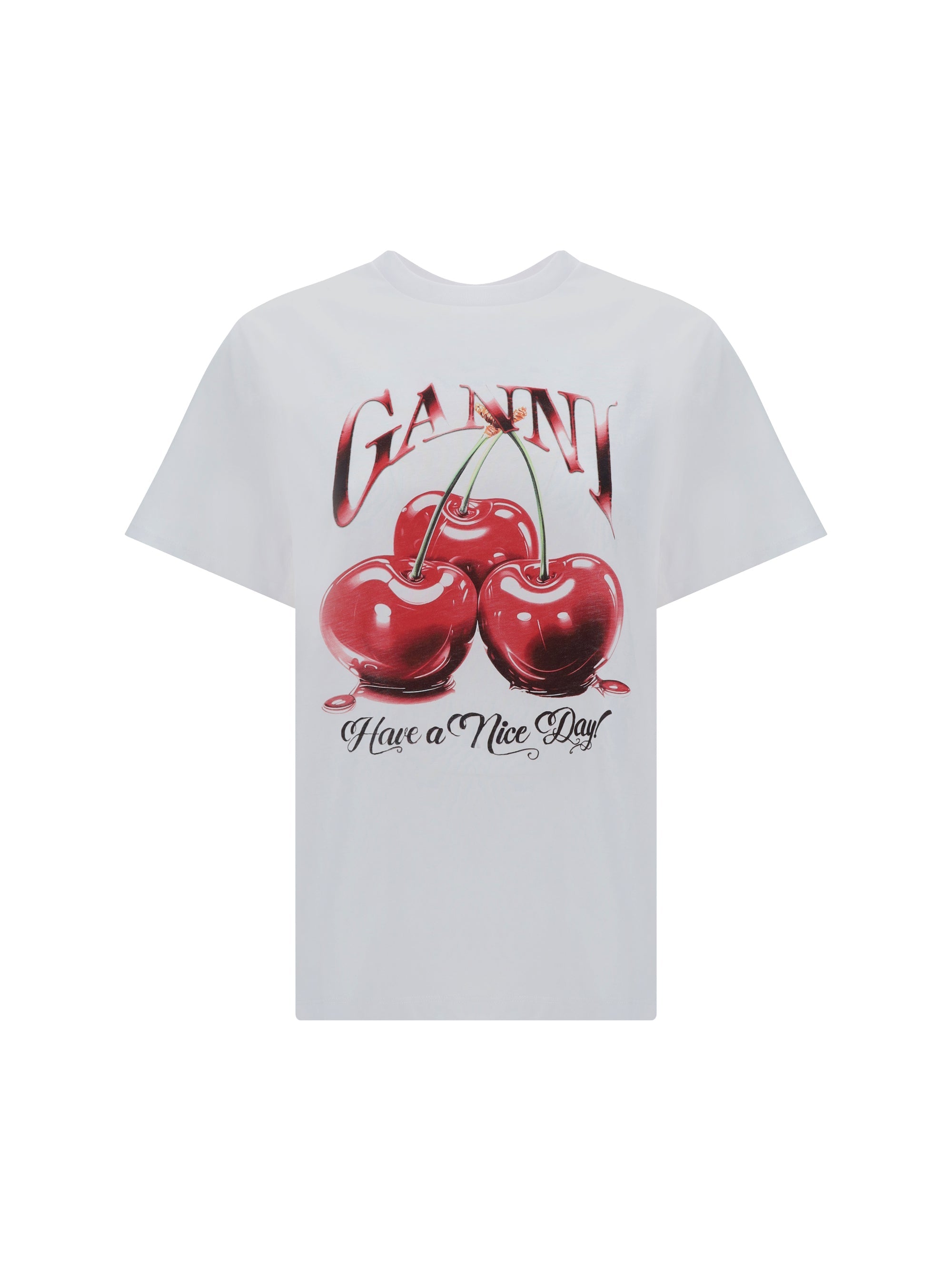 Ganni Cherry-Print Relaxed T-Shirt — White