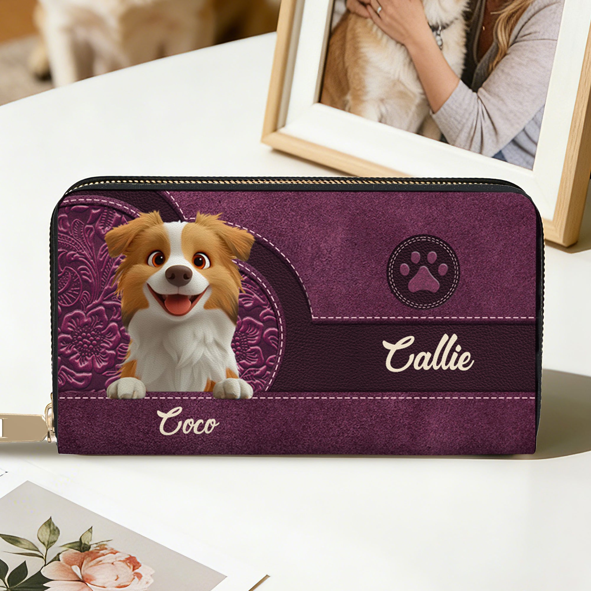 Personalizado 3D Cartoon Perro Retro Corazón PU Cartera de mano de cuero con nombre y cremallera Uso diario Cumpleaños Día de la Madre de regalo para el dueño de mascotas amante