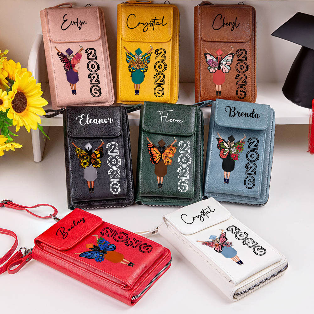 Personalizada Nacimiento Flor Mariposa Graduación Portátil PU Cuero Crossbody Cartera Bolsa con Correa Accesorios de Viaje Regalo de Cumpleaños para Graduados
