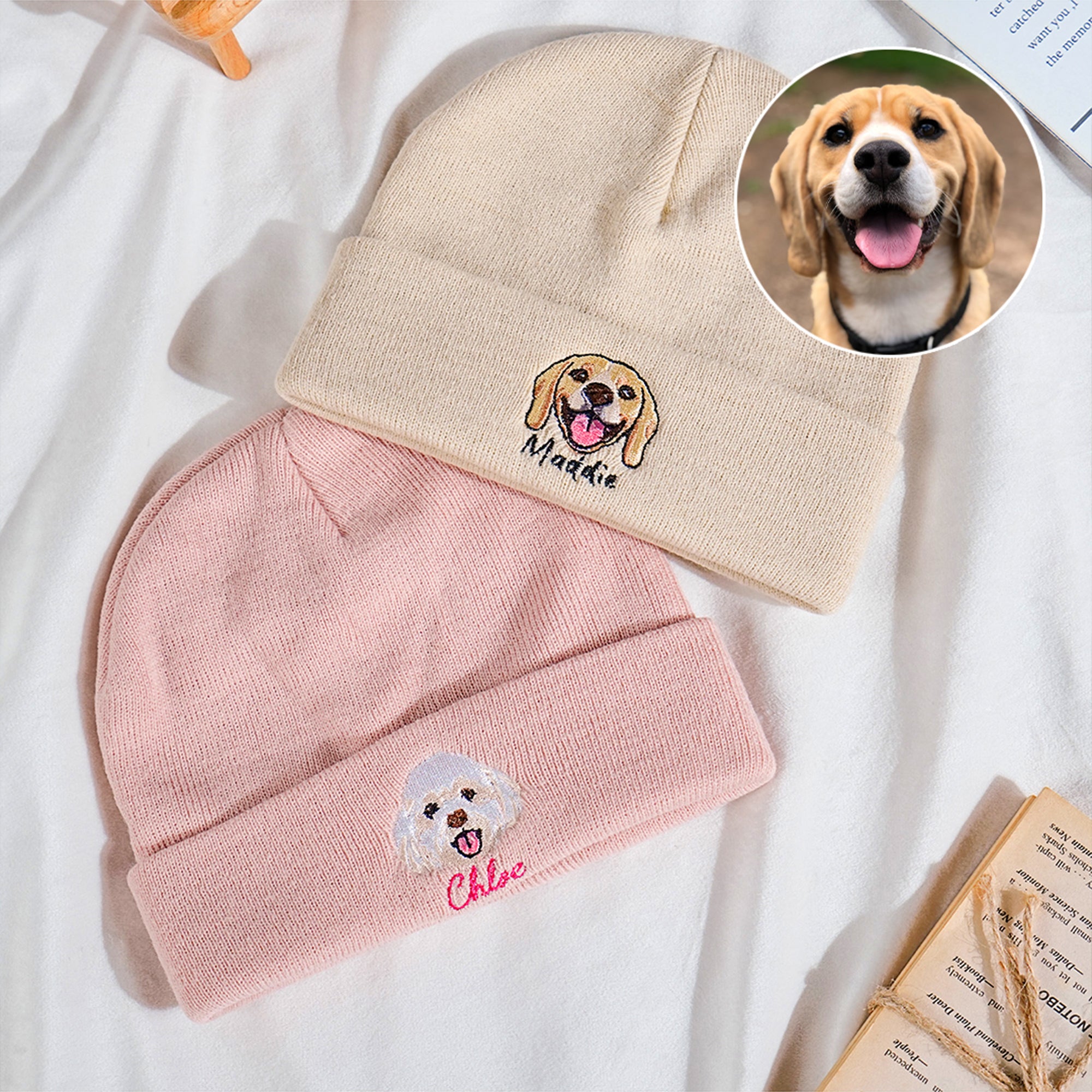 Personalizado lindo bordado de la cara del animal doméstico de la foto de punto caliente sombrero de la gorrita con el nombre de invierno Accesorios Mascota Memorial Cumpleaños Regalo para Pet Lover P