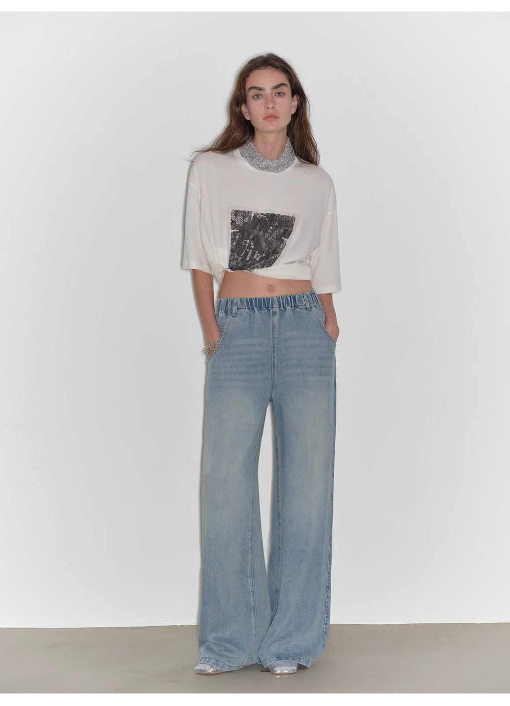 Dream Street Cool Lyocell Denim Drape Relaxed Elastic Waist Straight Leg Wide Leg Pants Summer