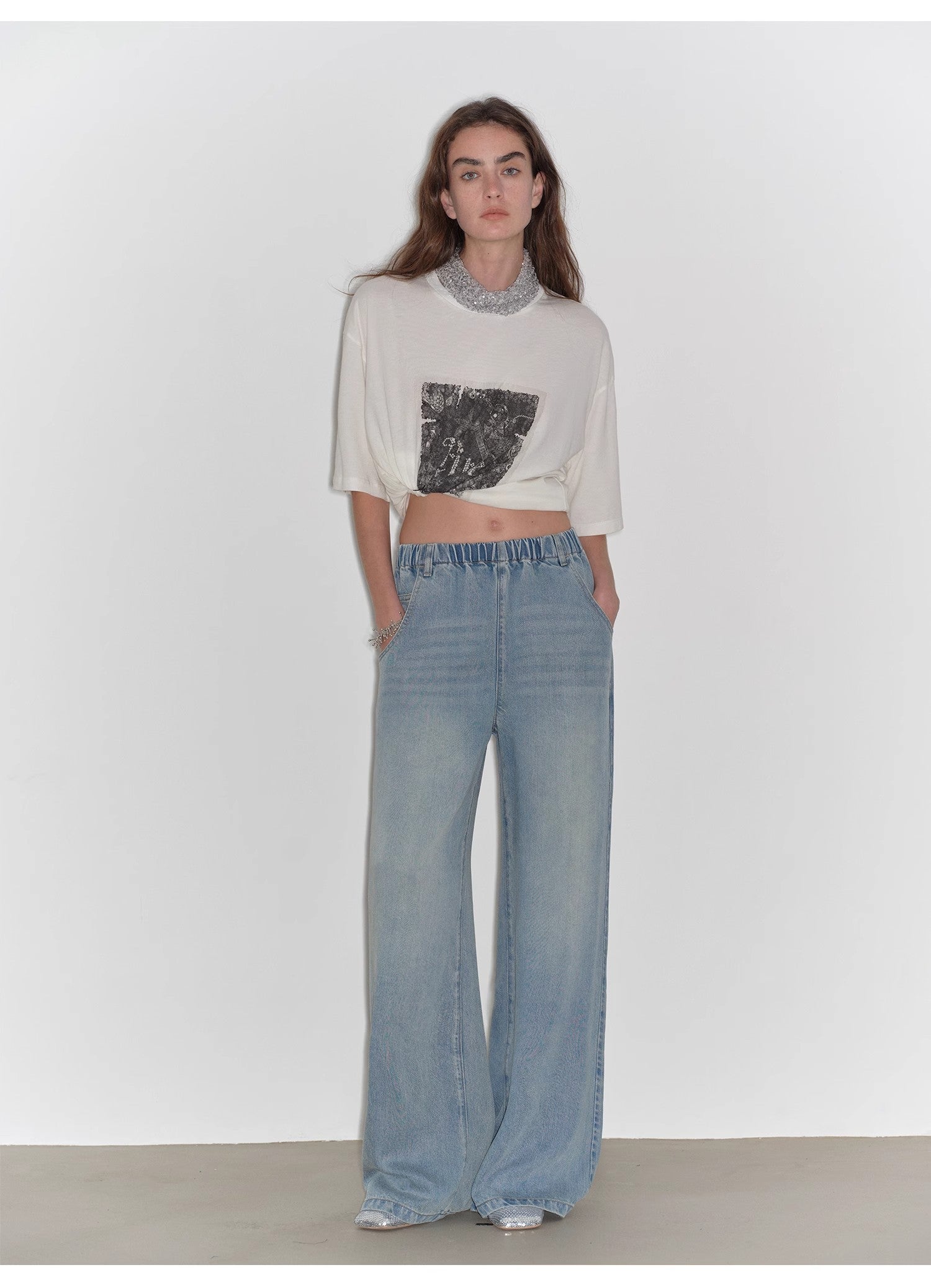 Dream Street Cool Lyocell Denim Drape Relaxed Elastic Waist Straight Leg Wide Leg Pants Summer