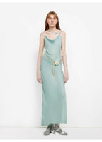 Island Riddle Glossy copper-ammonia silk satin light luxury swing collar slim fishtail suspender dress