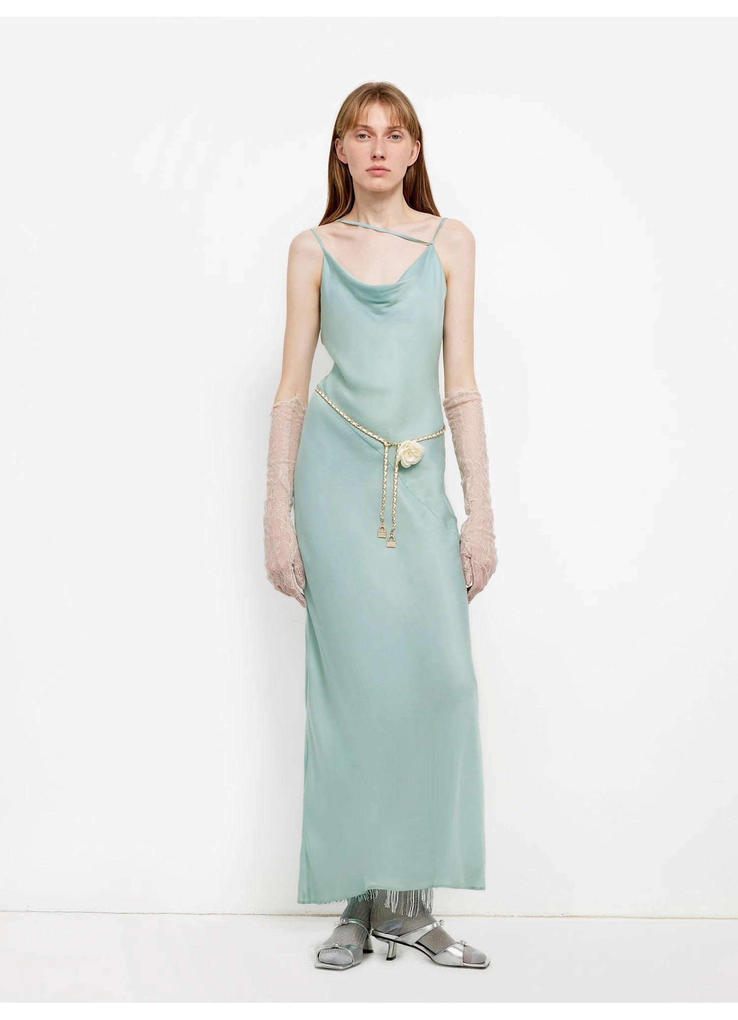 Island Riddle Glossy copper-ammonia silk satin light luxury swing collar slim fishtail suspender dress