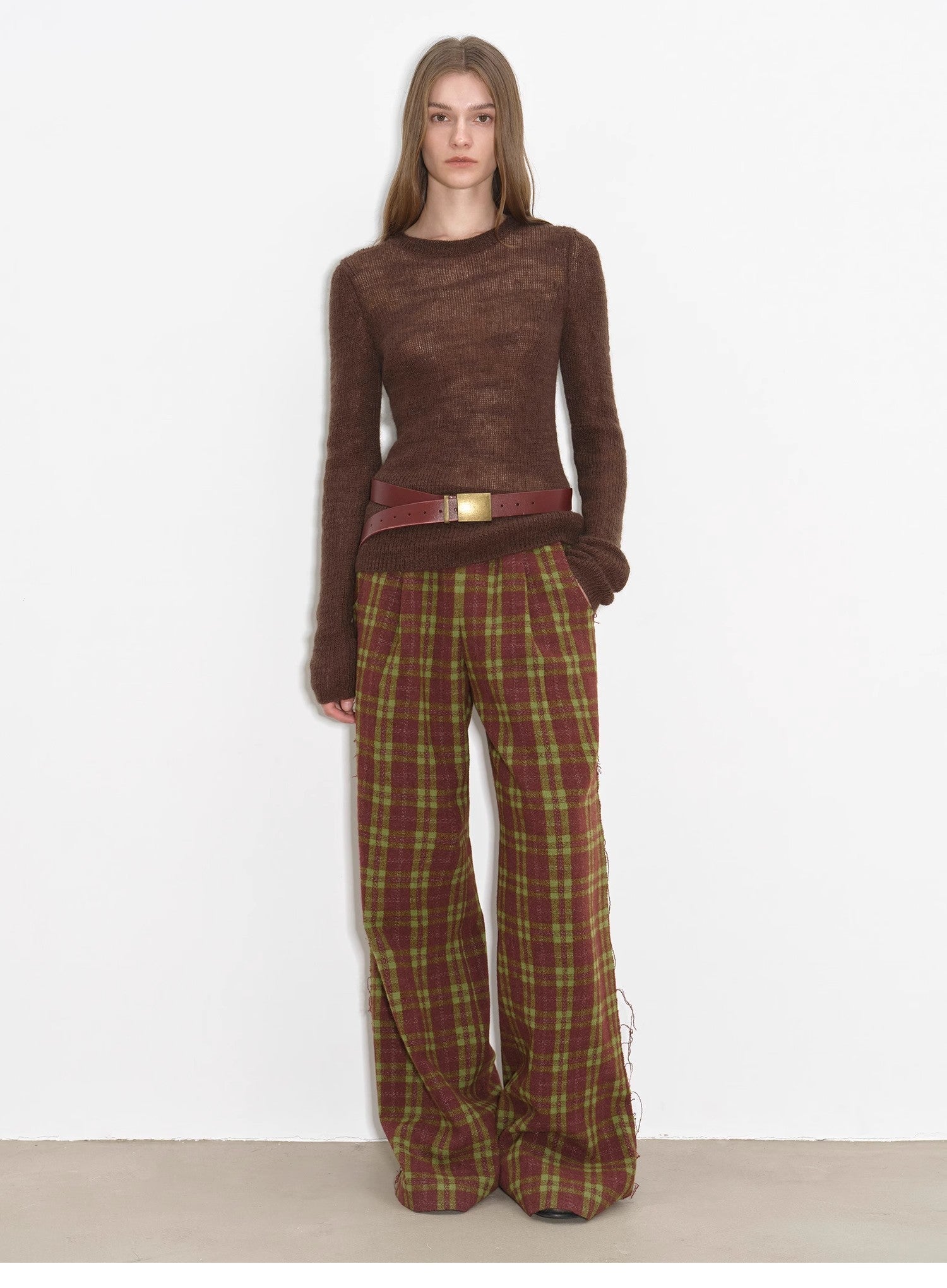 Vintage Opportunity High-Proportion Merino Wool Single Pleated Plaid Tweed Low-Rise Wide-Leg Casual Pants