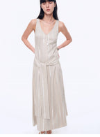 Milan Holiday Silver Striped Linen V-Neck Drape Dress