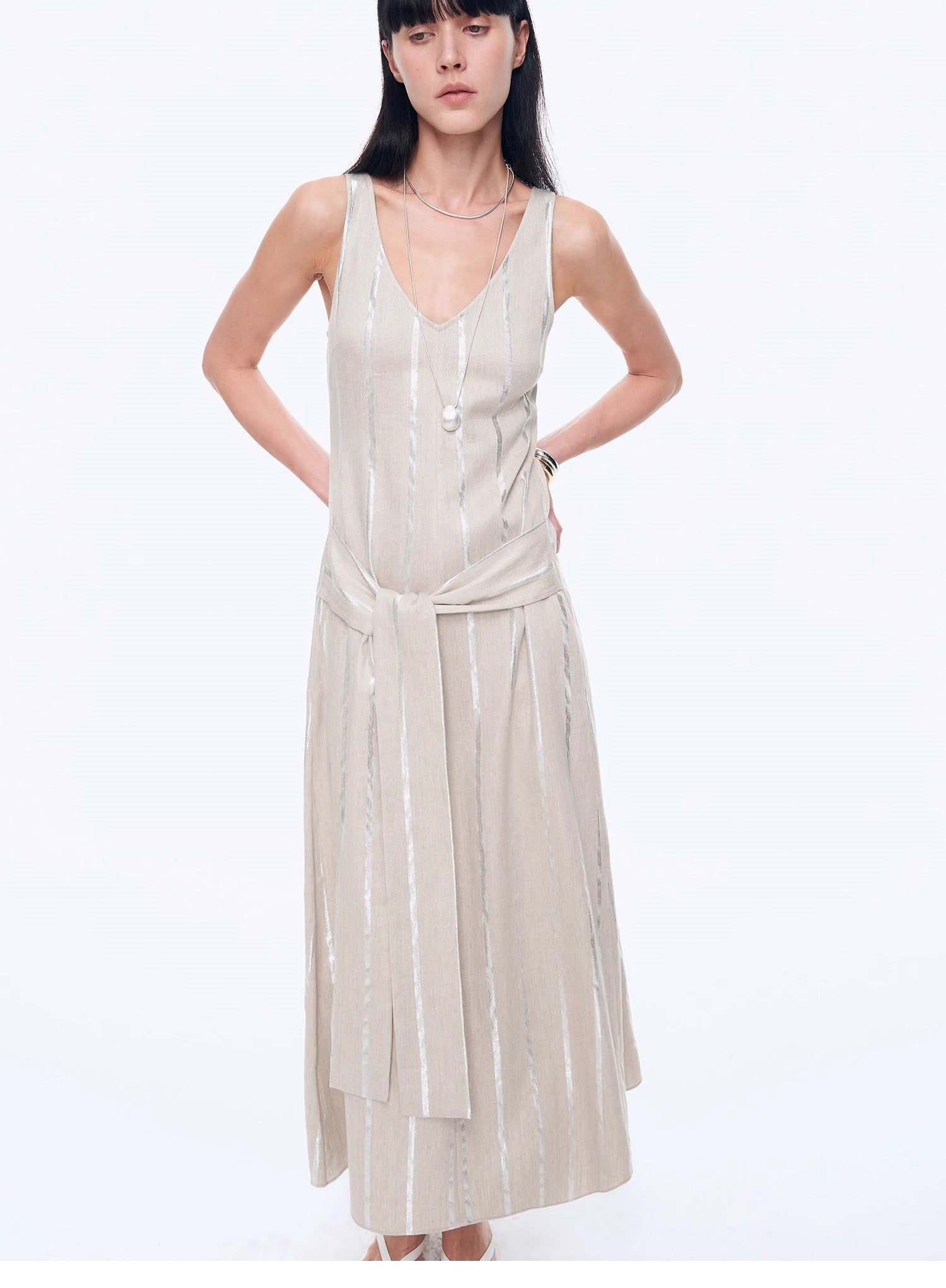 Milan Holiday Silver Striped Linen V-Neck Drape Dress