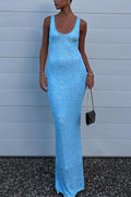 U Neck Sequin Knit Bodycon Maxi Tank Dress