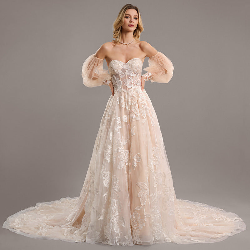 Bridal Wedding Dress Pink Long Sweetheart Ball-Gown Princess