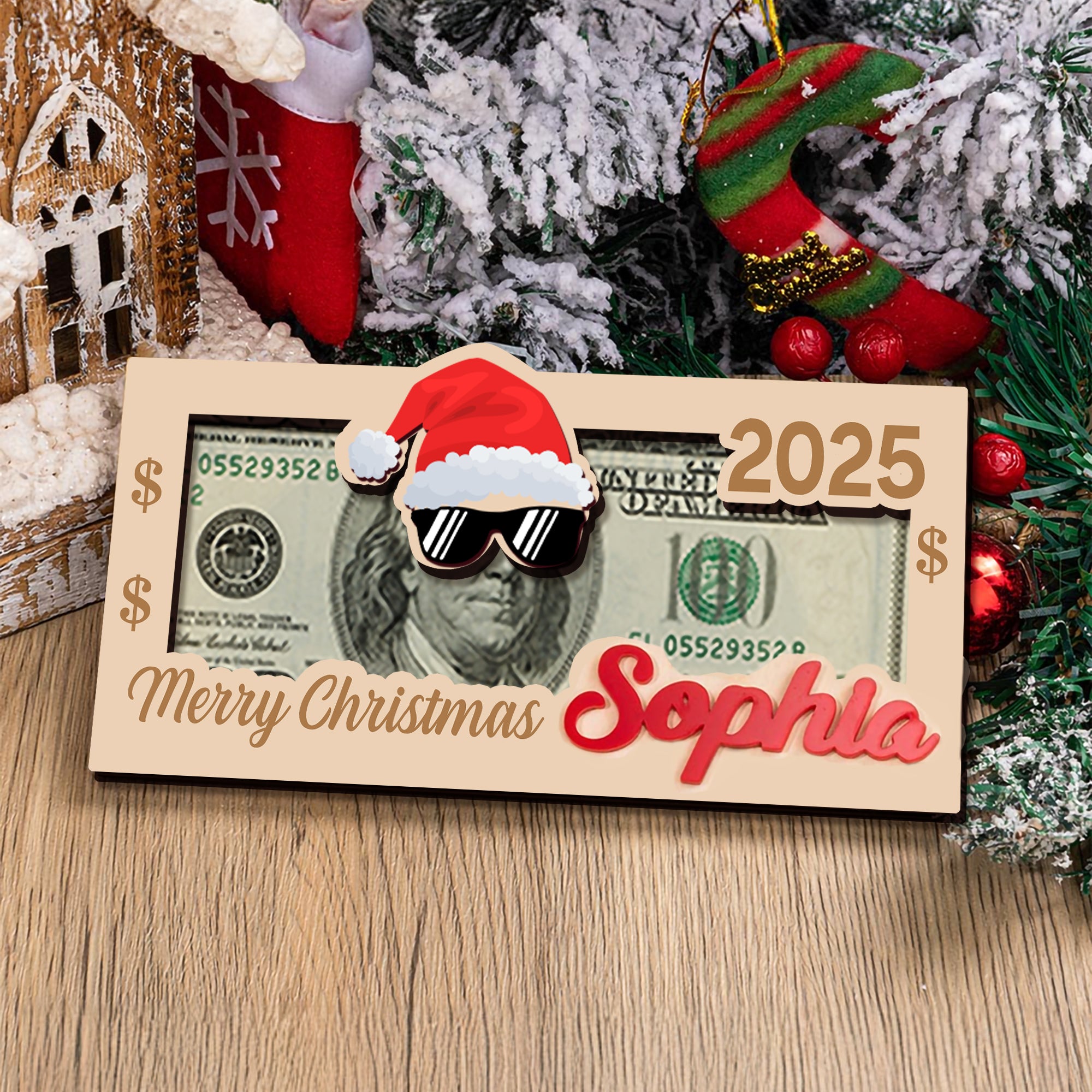 Gorro de Papá Noel personalizado con gafas Monedero de madera con nombre y año Divertido regalo de Navidad para niños Familia