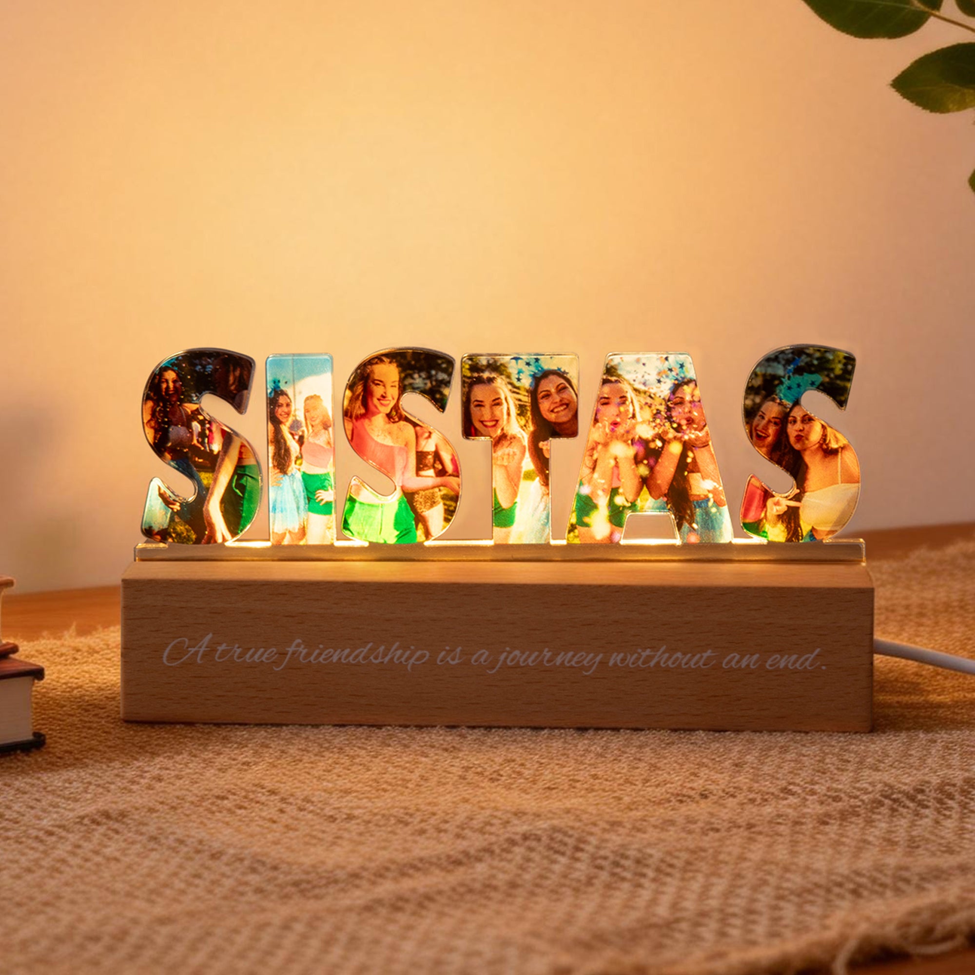 Personalizada Bestie Texto Fotos Acrílico LED Luz de Noche con Texto y Base de Madera Cumpleaños Aniversario Regalo para Besties Hermanas