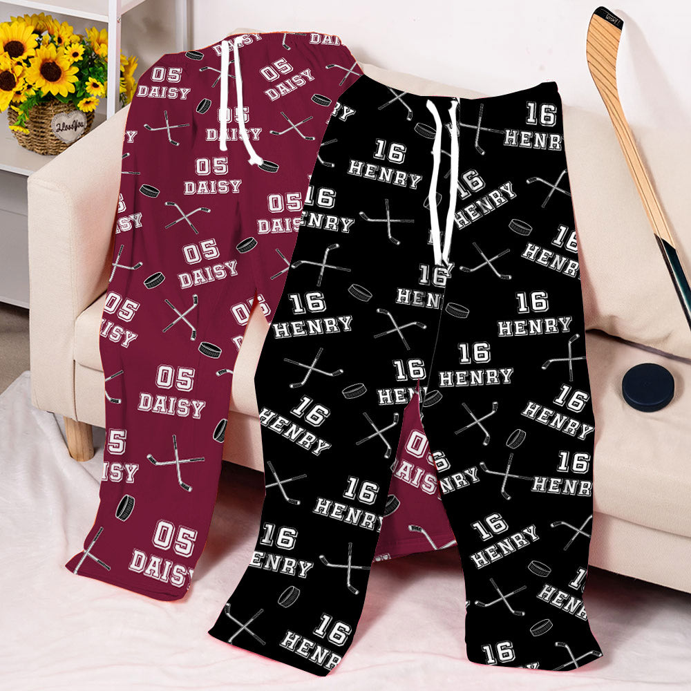 Pantalones de pijama personalizados con nombre y número en la cintura con cordón para hockey multicolor Regalo de cumpleaños para mujeres y hombres amantes del hockey