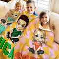 Personalizada Multicolor Checkerboard Cute Cartoon Character Soft Throw Blanket with Shadow Name Christmas Birthday Gift for Boys Girls
