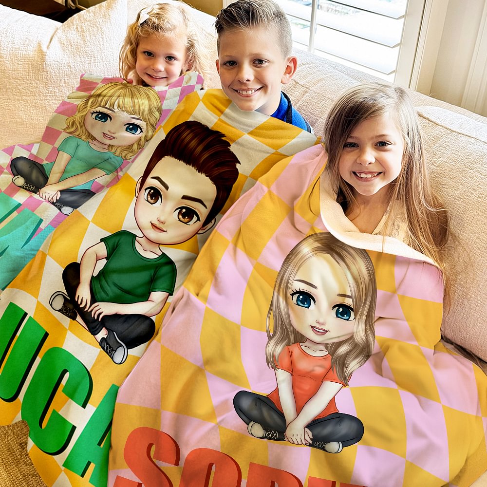 Personalizada Multicolor Checkerboard Cute Cartoon Character Soft Throw Blanket with Shadow Name Christmas Birthday Gift for Boys Girls