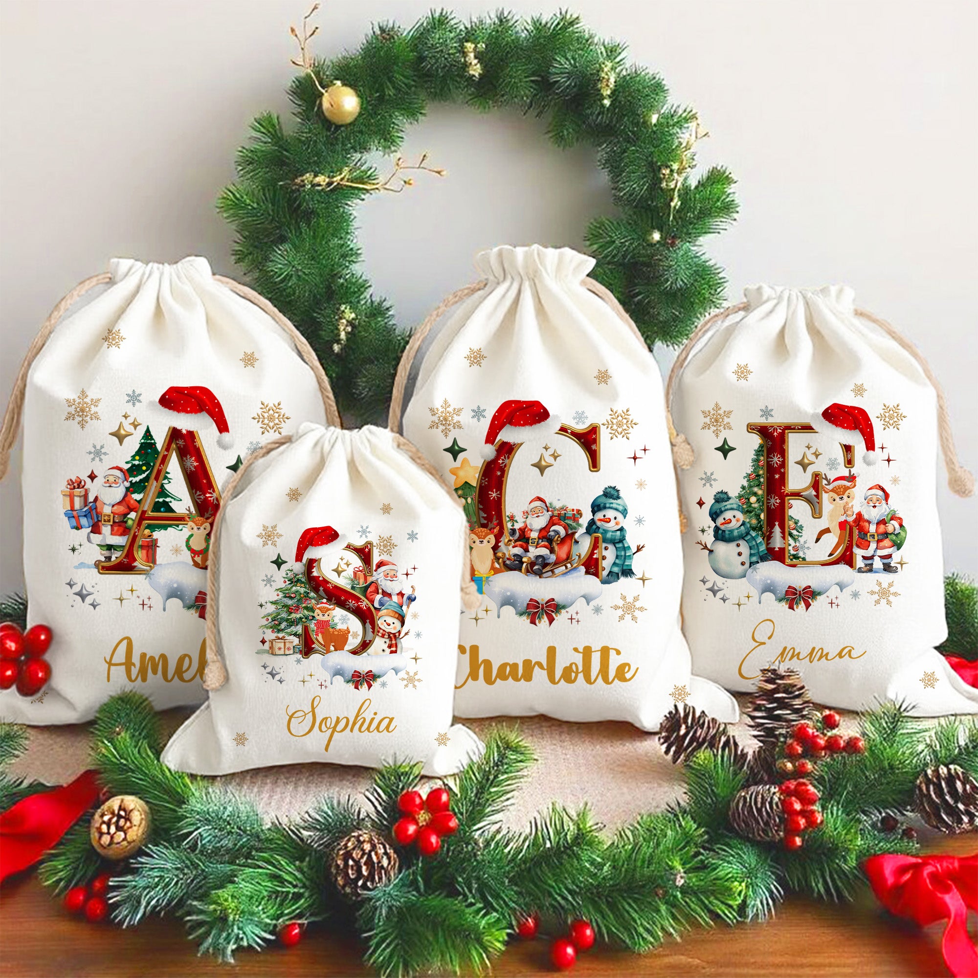 Personalizado Santa Claus muñeco de nieve sombrero de Navidad inicial bolsa de regalo de lona de cordón con el nombre de la víspera de Navidad regalo de la fiesta para los niños amigos de la familia