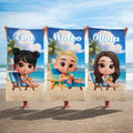 Toalla de playa personalizada con nombre 3D de dibujos animados de secado rápido regalo de cumpleaños para fiesta en la playa o viajes para niños