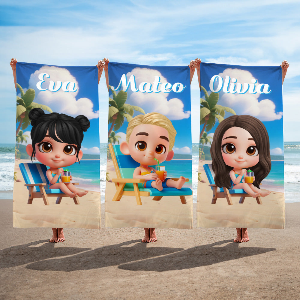 Toalla de playa personalizada con nombre 3D de dibujos animados de secado rápido regalo de cumpleaños para fiesta en la playa o viajes para niños