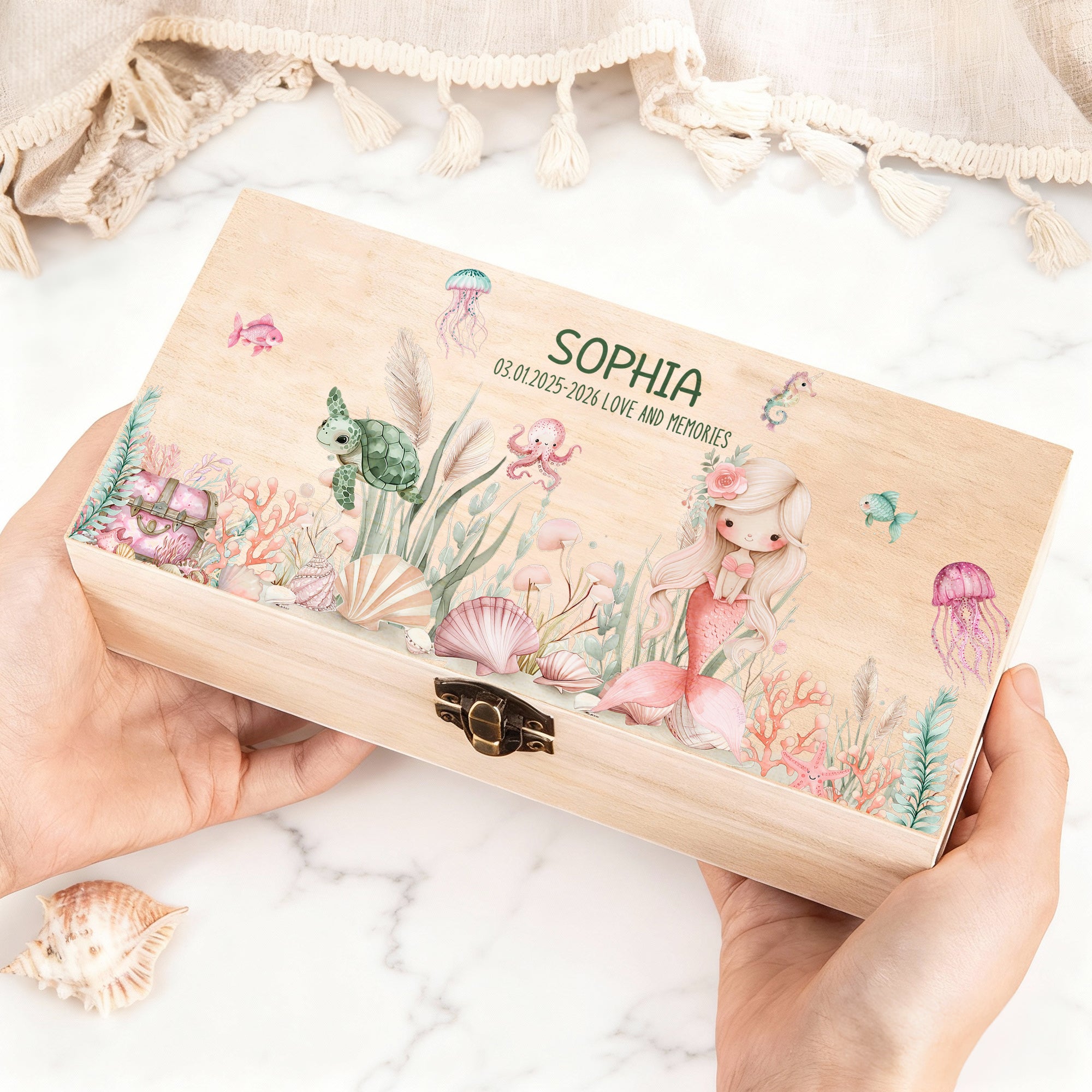 Sirena personalizada Animales del Océano Caja de madera de almacenamiento de memoria con el nombre y el texto Cumpleaños Baby Shower Regalo para los padres recién nacido
