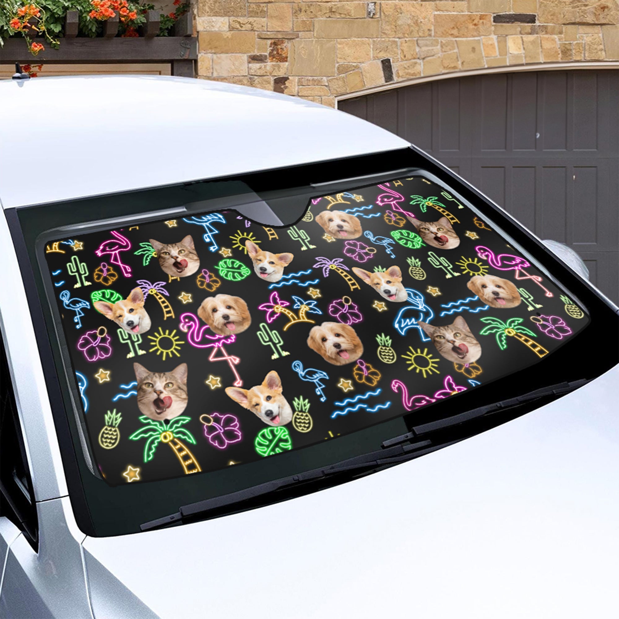 Personalizado 1-3 Cara Fotos Fluorescente Patrón Parabrisas del coche Parasol Auto Accesorios Viaje Cumpleaños Vacaciones Regalo para Amigos Dueños de Mascotas