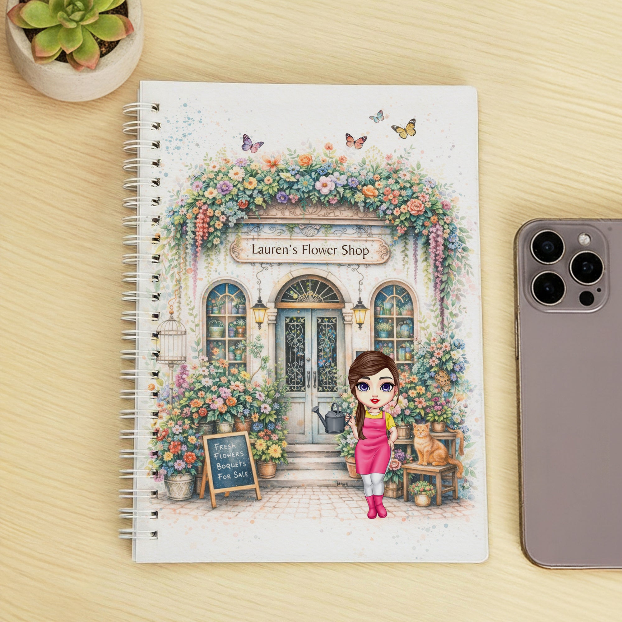 Cuaderno de espiral A5 personalizado con nombre y 120 páginas rayadas para uso diario Regalo de cumpleaños para los mejores amigos de Boho Gardening Cartoon Character Butterfly