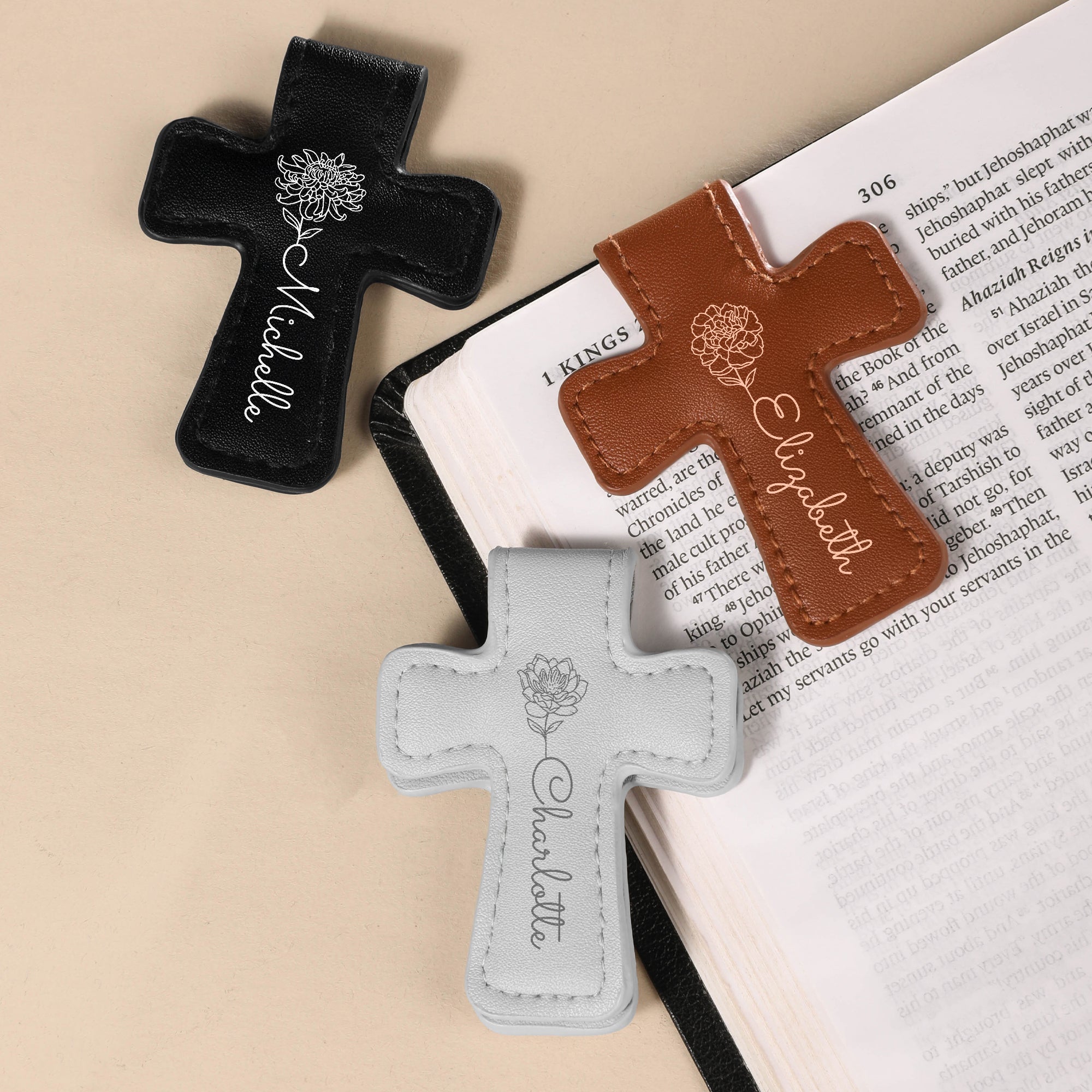 Personalizado Nacimiento Flor PU Cuero Cruz Magnético Marcapáginas Clip con Nombre Material de Lectura Primera Comunión Bautizo Regalo para los ratones de biblioteca cristianos