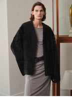 Paris Night luxury lightweight v-neck mid-length imported ragone sheepskin fur coat