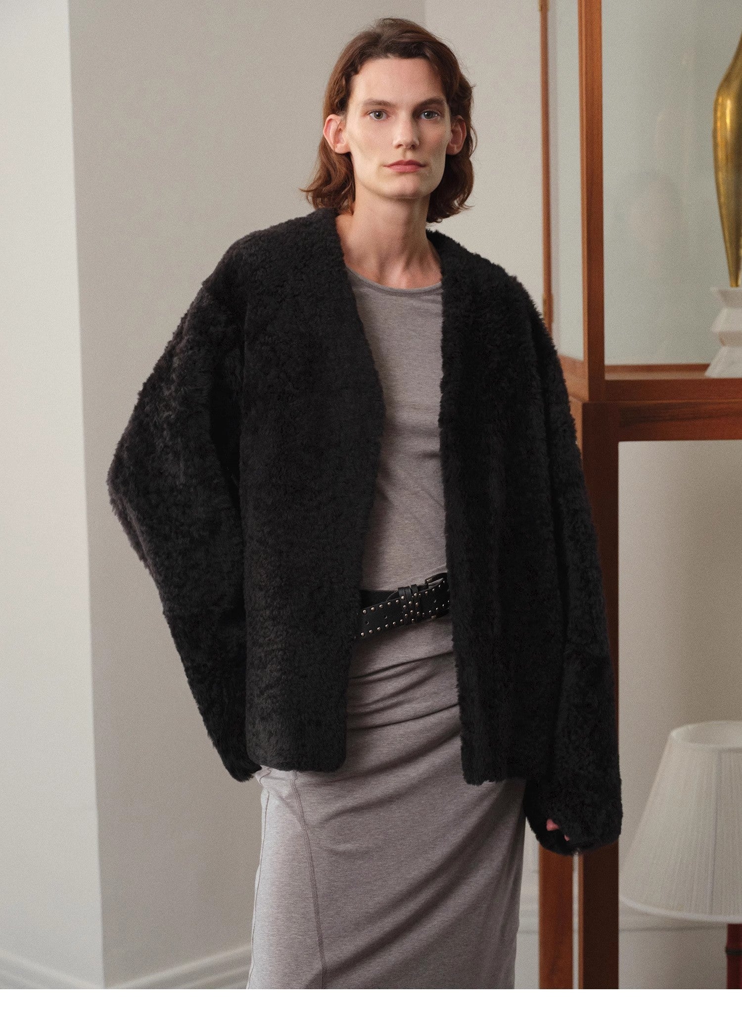 Paris Night luxury lightweight v-neck mid-length imported ragone sheepskin fur coat