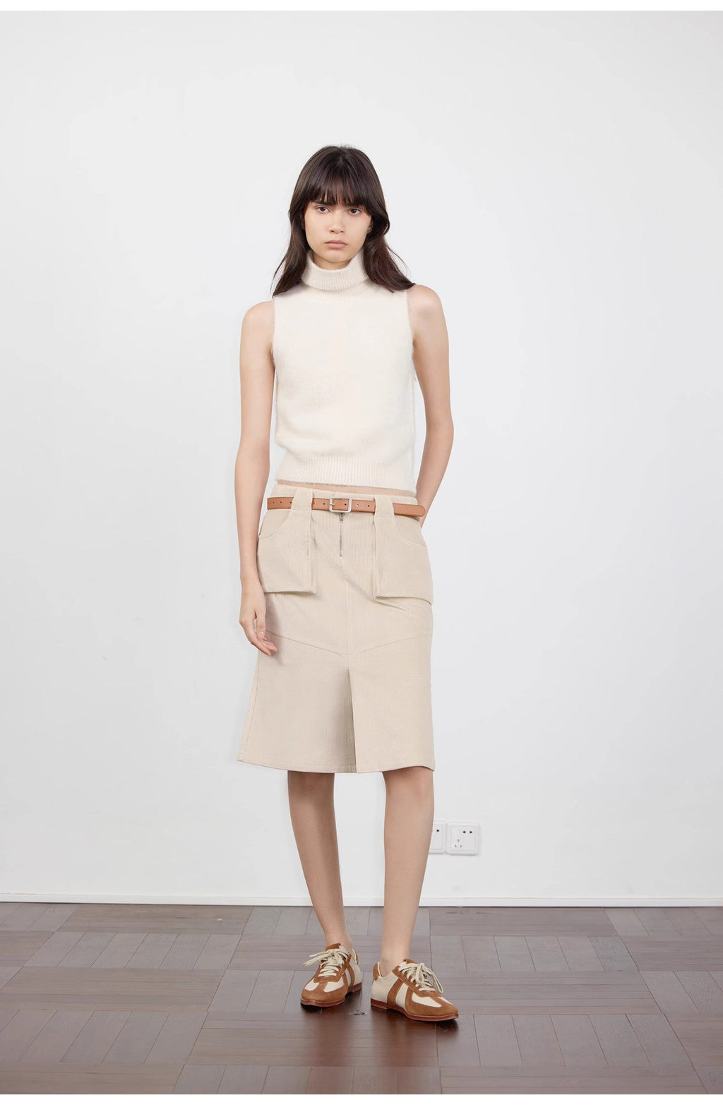Postcard Memory Retro corduroy design front slit workwear fishtail skirt