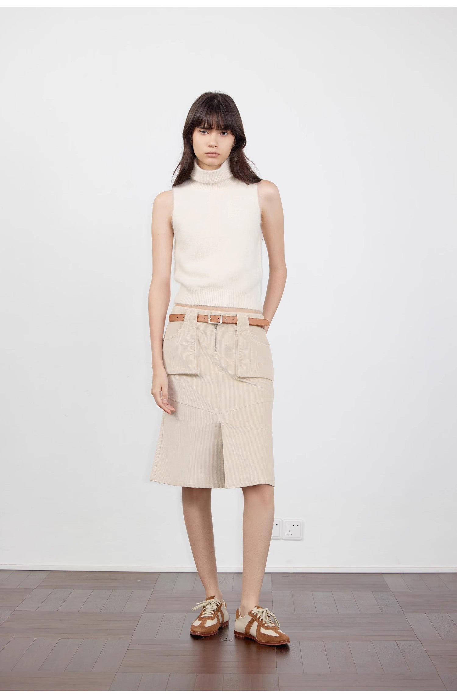 Postcard Memory Retro corduroy design front slit workwear fishtail skirt