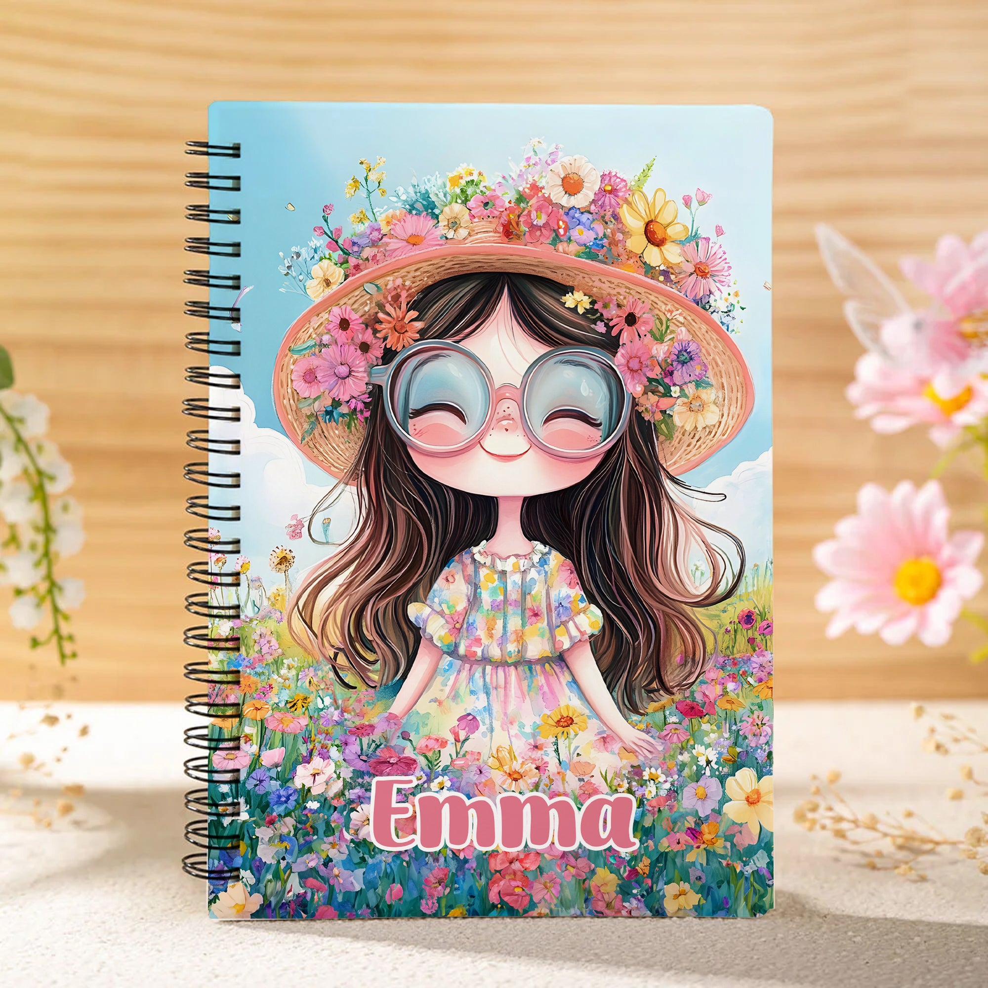 Cuaderno de espiral A5 personalizado con nombre y 120 páginas rayadas para uso diario, regalo de cumpleaños de viaje para niñas, Flower Girl Multicolor