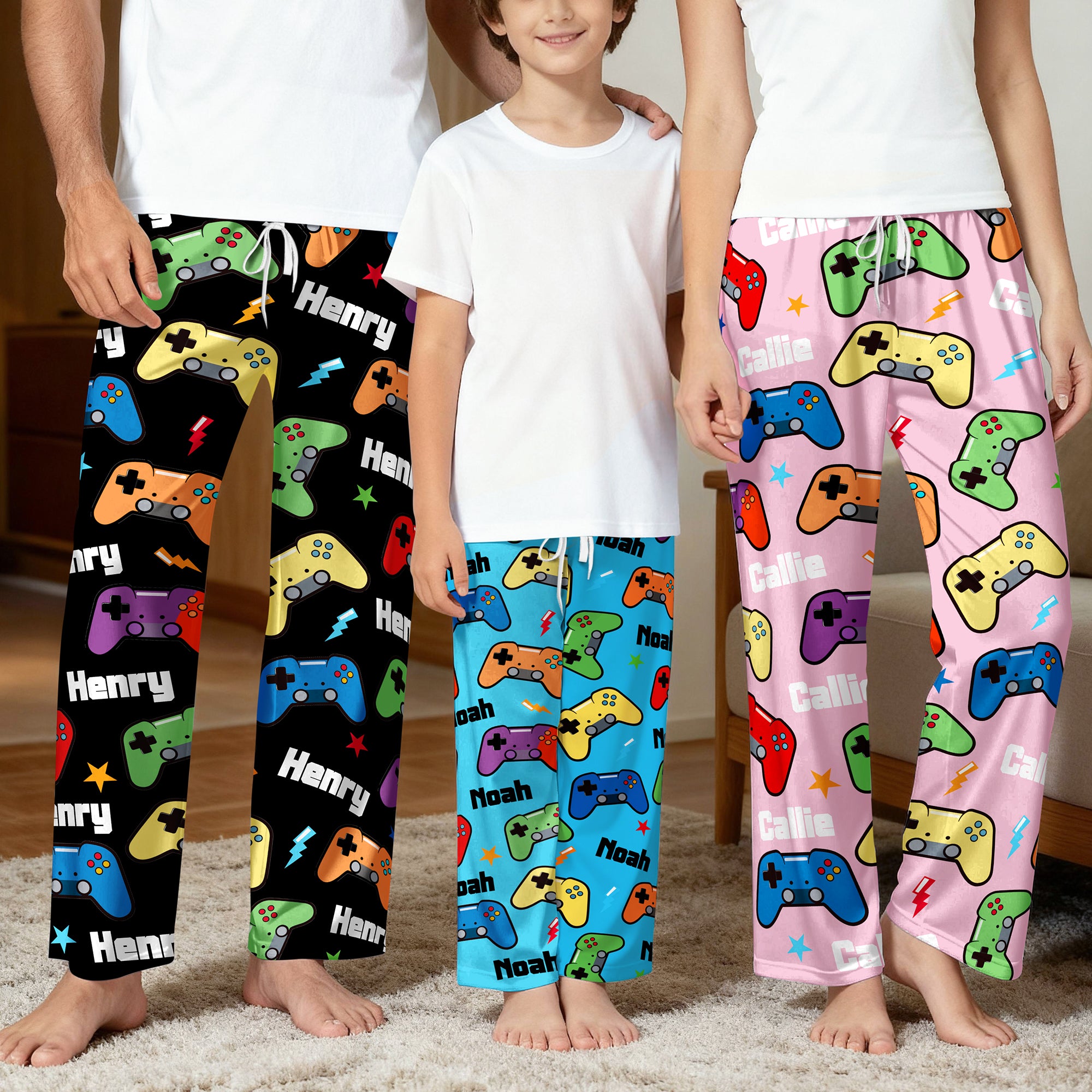 Pantalones de pijama personalizados multicolores con nombre y cordón Divertido tema de juego Regalo de uso diario para amigos de la familia