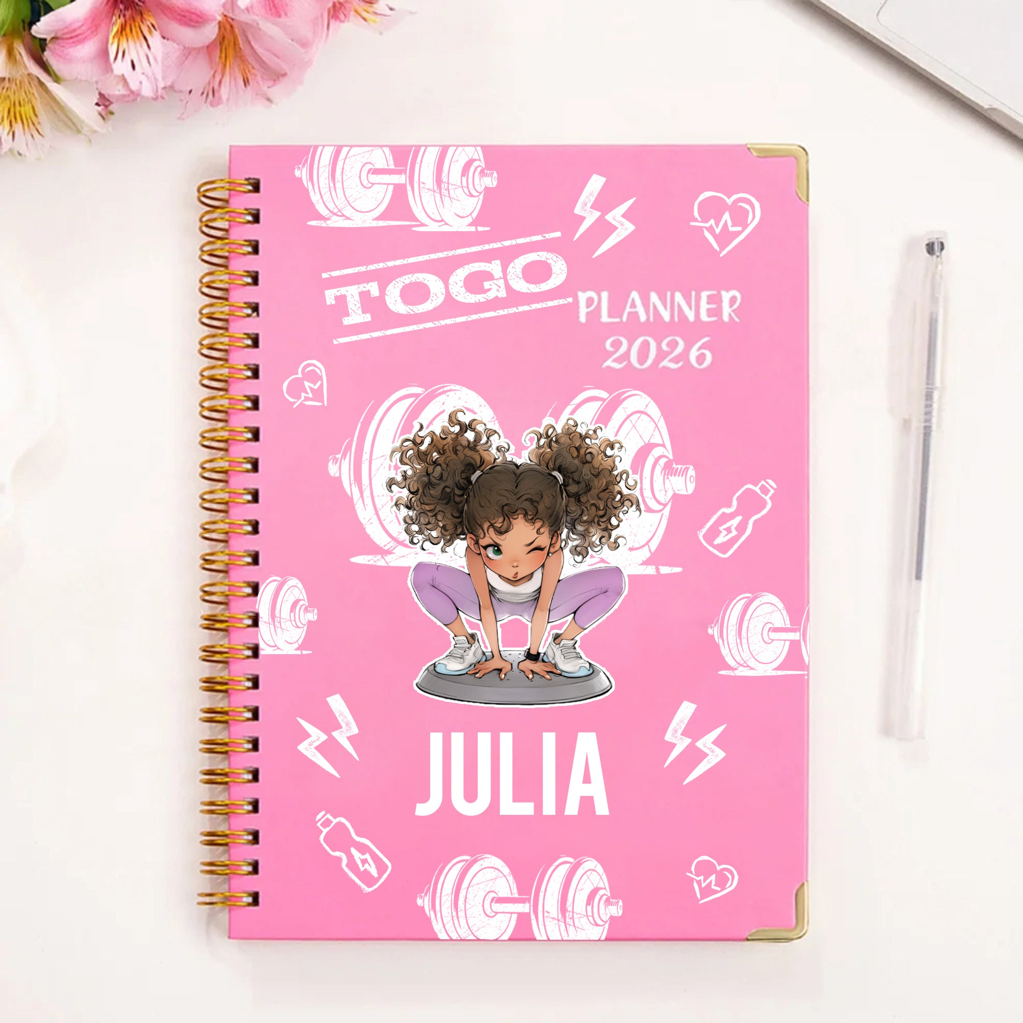 Planificador personalizado de dibujos animados de Togo para chica de gimnasio 2026 Cuaderno espiral A5 con páginas de planificación semanal mensual Regalo de cumpleaños para chicas amantes del gimnasi