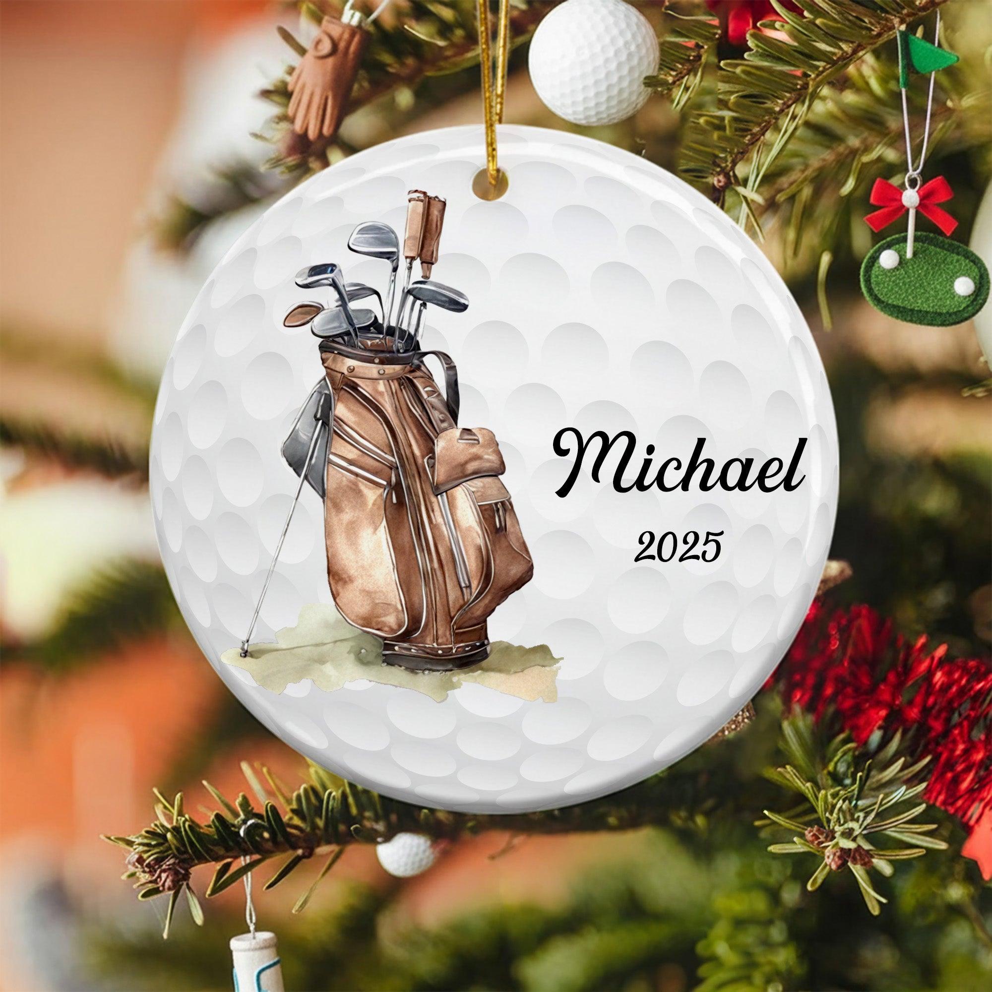 Bolsa de Golf Personalizada Adorno de Cerámica con Nombre y Año Decoración del Árbol Regalo de Navidad para Golfistas Amantes del Golf