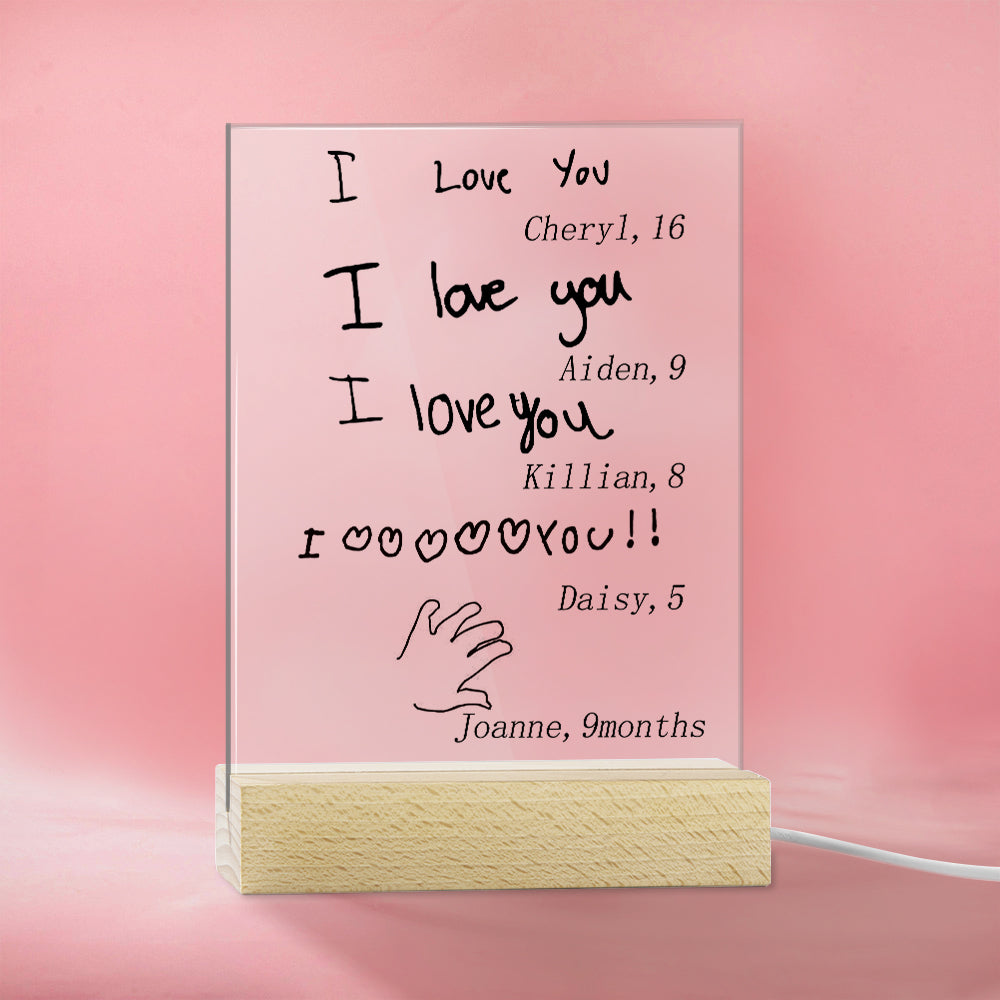 Luz nocturna LED con diseño de letra manuscrita personalizada para 1-6 niños con base de madera con nombre y edad Decoración para el hogar Regalo de cumpleaños para el Día de la Madre para la familia