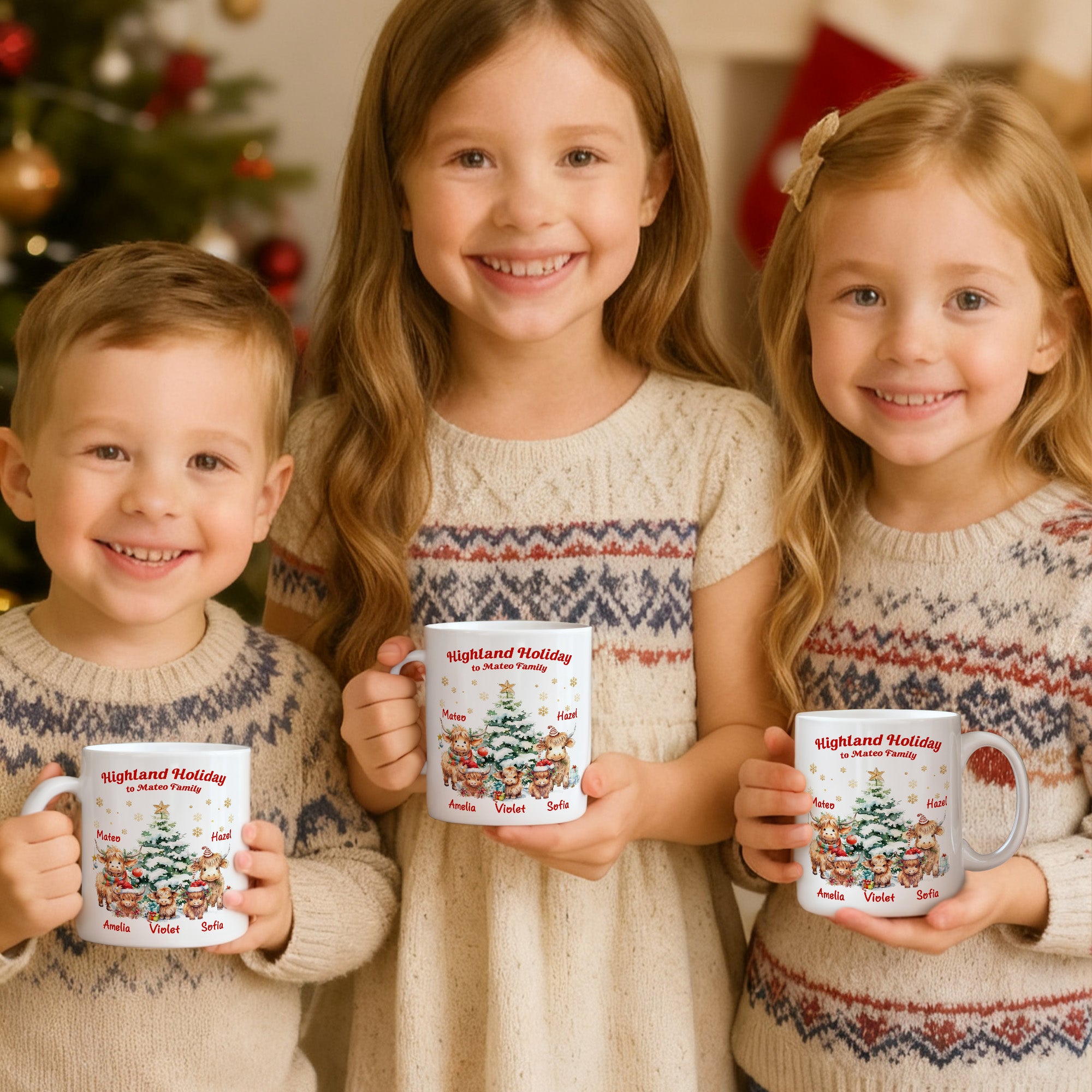 Personalizado lindo Highland Vaca Familia 11 oz Taza de café de cerámica con nombre Regalo de Navidad para la familia