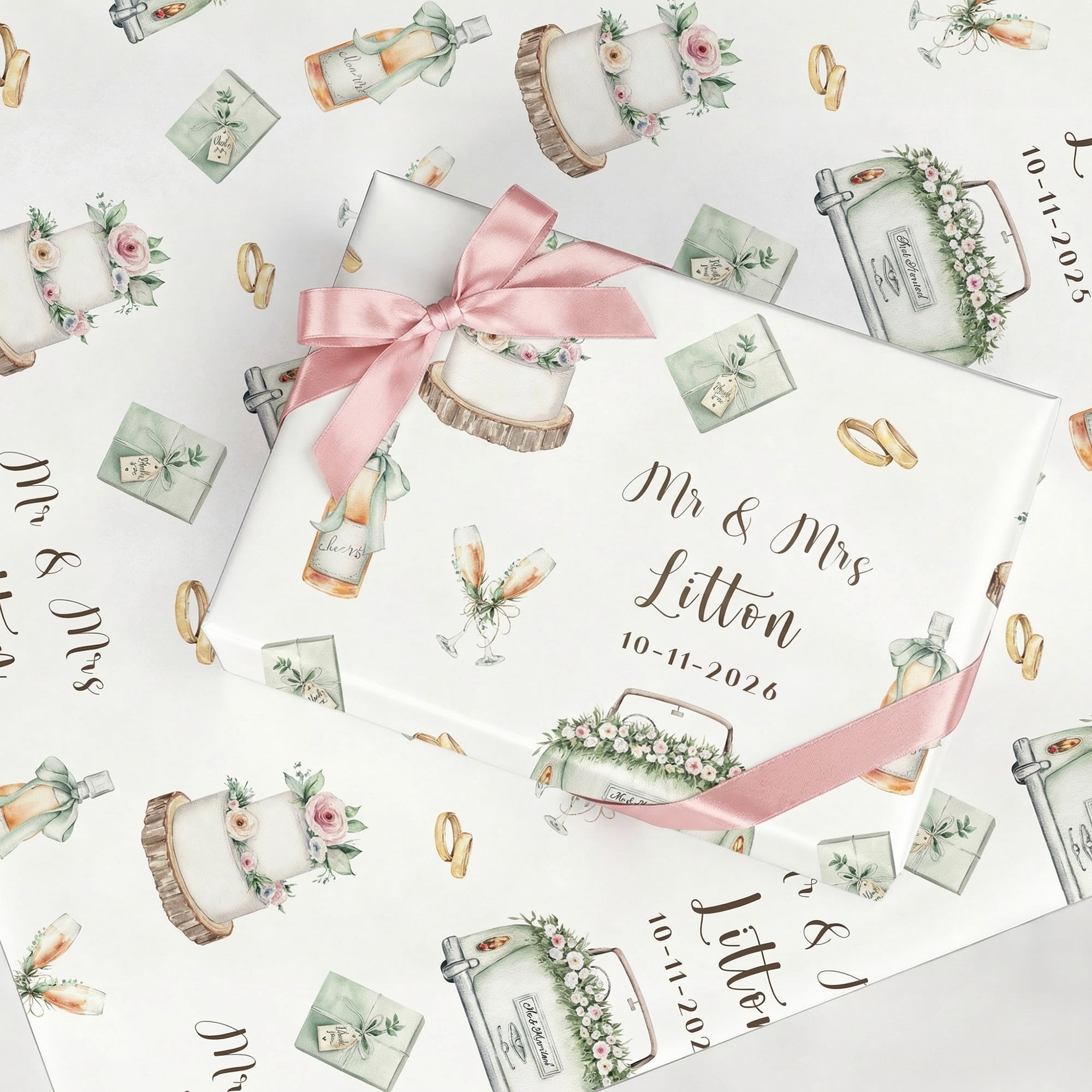 Papel de Envolver Impermeable Personalizado Mr & Mrs con el Nombre de la Familia y la Fecha Regalo de Aniversario de Boda para la Pareja Novia Novio