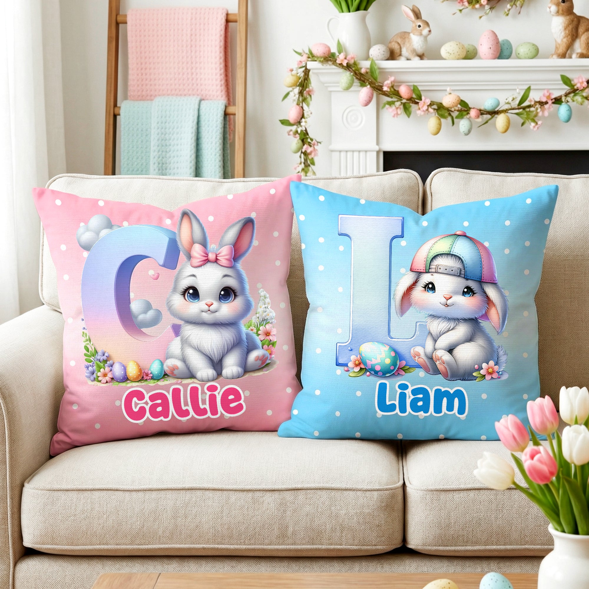 Huevos de Pascua personalizados lindo conejo inicial almohada cubierta con nombre decoración del hogar Pascua regalo para la familia niños
