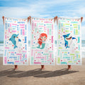 Toalla de playa de gran tamaño de secado rápido personalizada con nombre Animales marinos Fantasía Sirena Nube de palabras Vacaciones de verano Uso diario Regalo de cumpleaños para niños