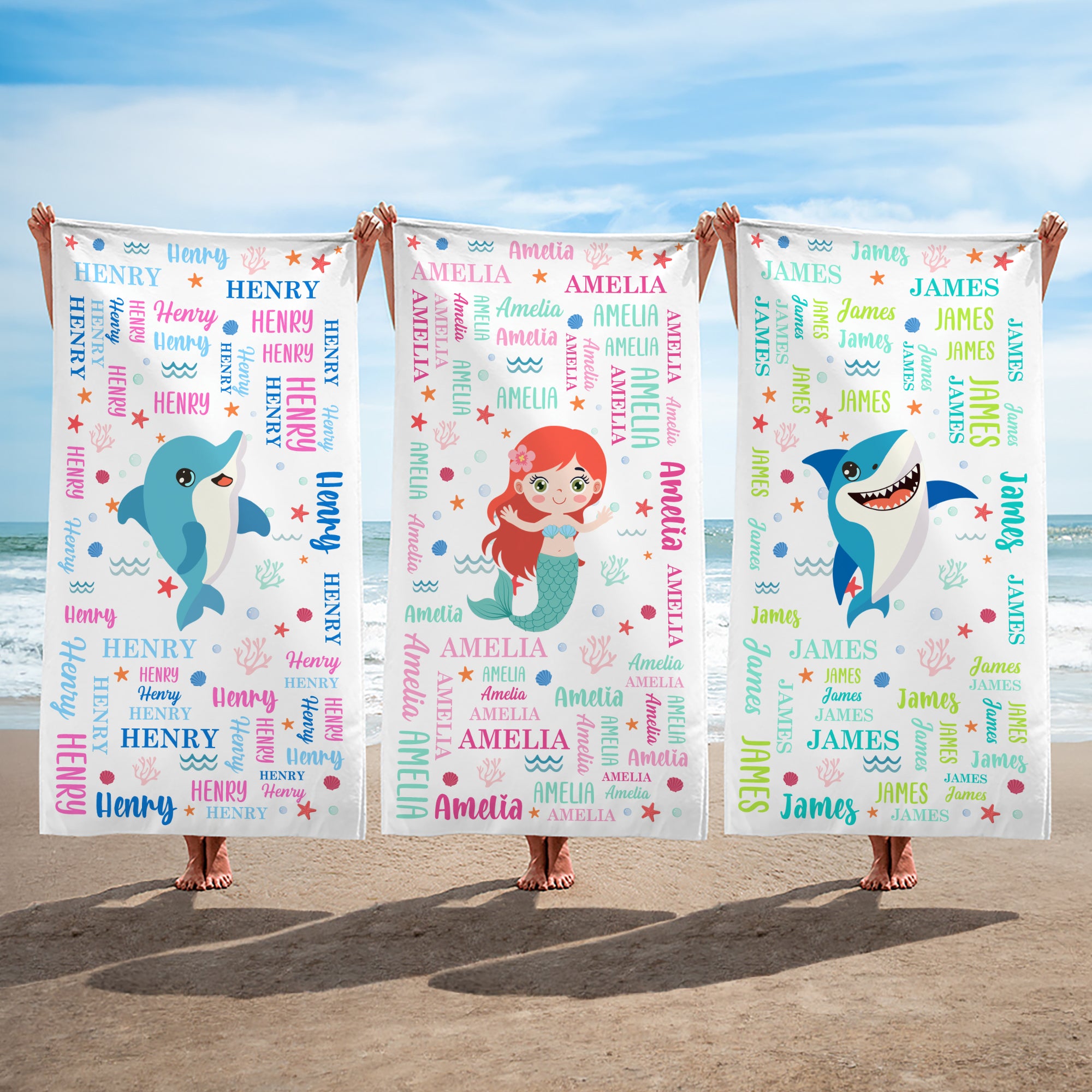 Toalla de playa de gran tamaño de secado rápido personalizada con nombre Animales marinos Fantasía Sirena Nube de palabras Vacaciones de verano Uso diario Regalo de cumpleaños para niños